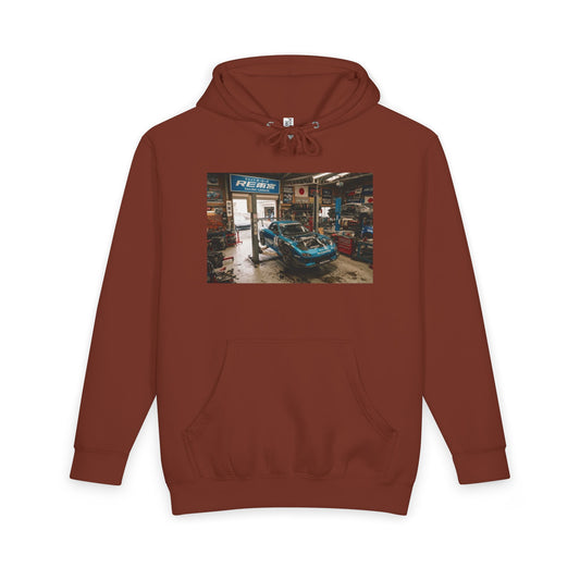JDM Garage Photo Hoodie — Classic Car Workshop Pullover